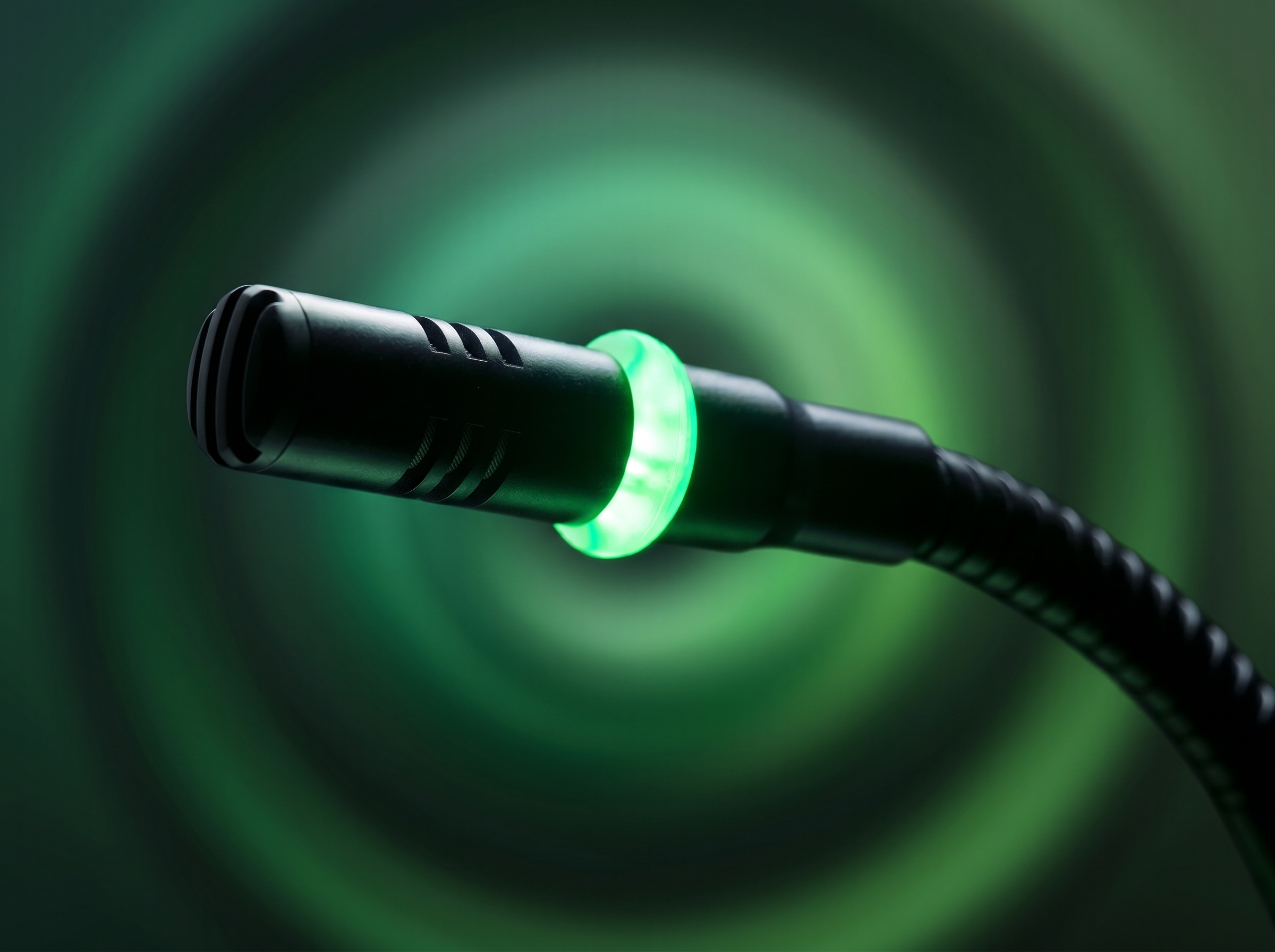 Close-up of a green laser pointer on a black handle.