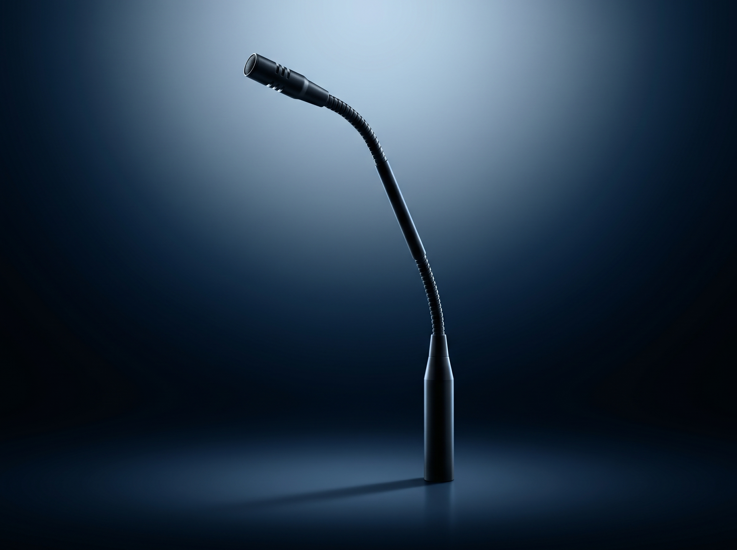 Close-up of a black microphone on a flexible gooseneck stand, against a gradient blue background.