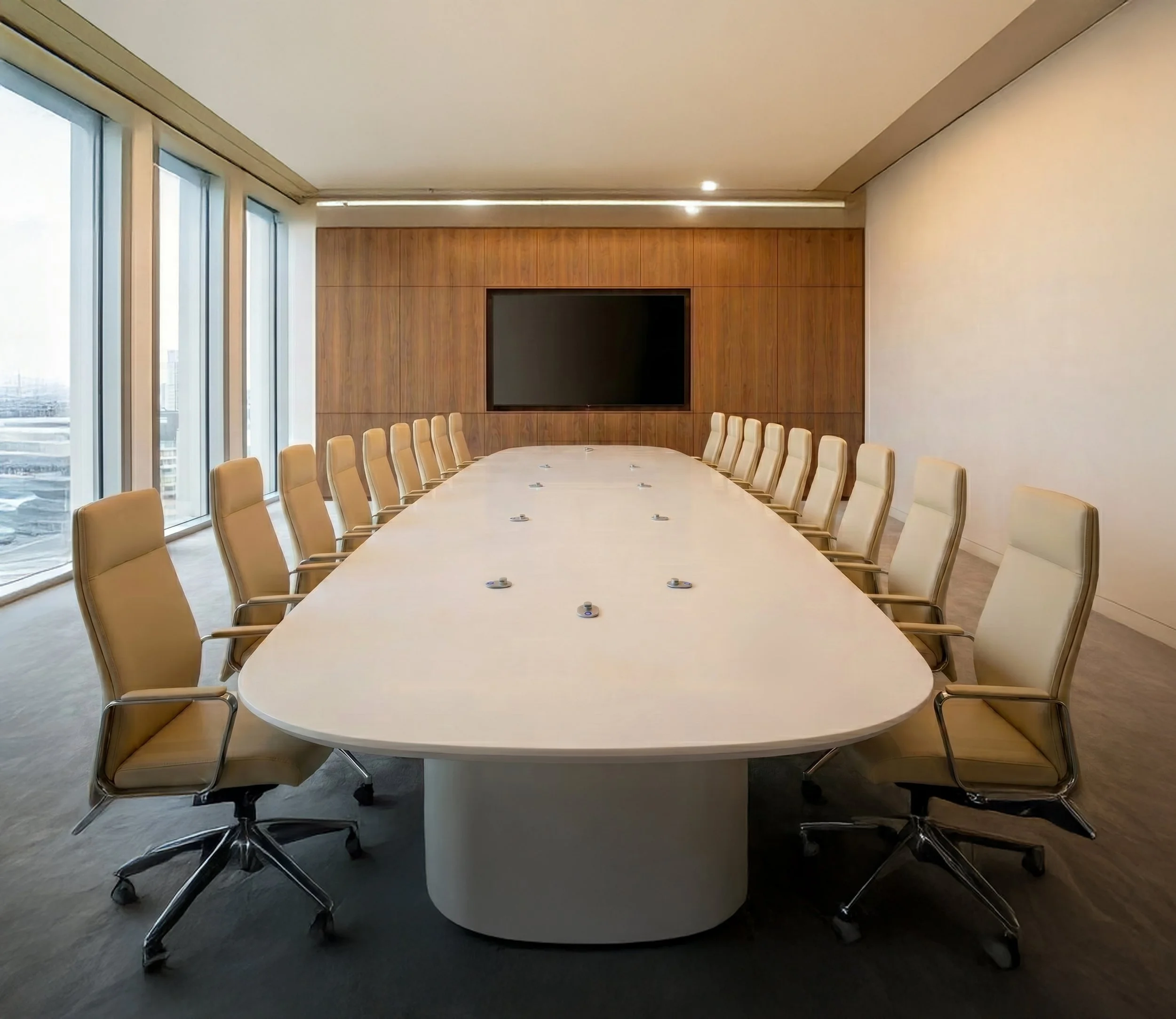 A modern conference room with a long oval table surrounded by leather chairs, large windows on one side letting in natural light, and a large flat-screen TV or monitor on a wood-paneled wall.