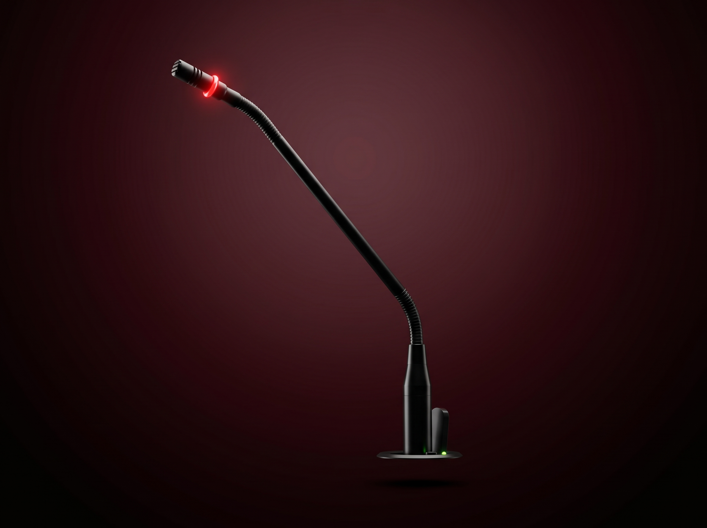 A sleek, black microphone with red LED light accents and a flexible gooseneck, mounted on a stand with green indicator lights, set against a dark background.