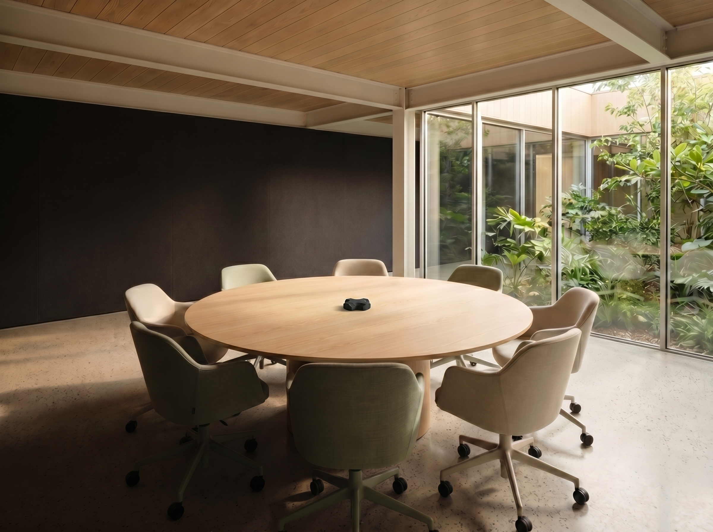 Interior of a room with a round wooden table surrounded by beige office chairs on wheels, large floor-to-ceiling windows with a view of green plants and trees outside, a black wall on one side, and a natural wood ceiling.