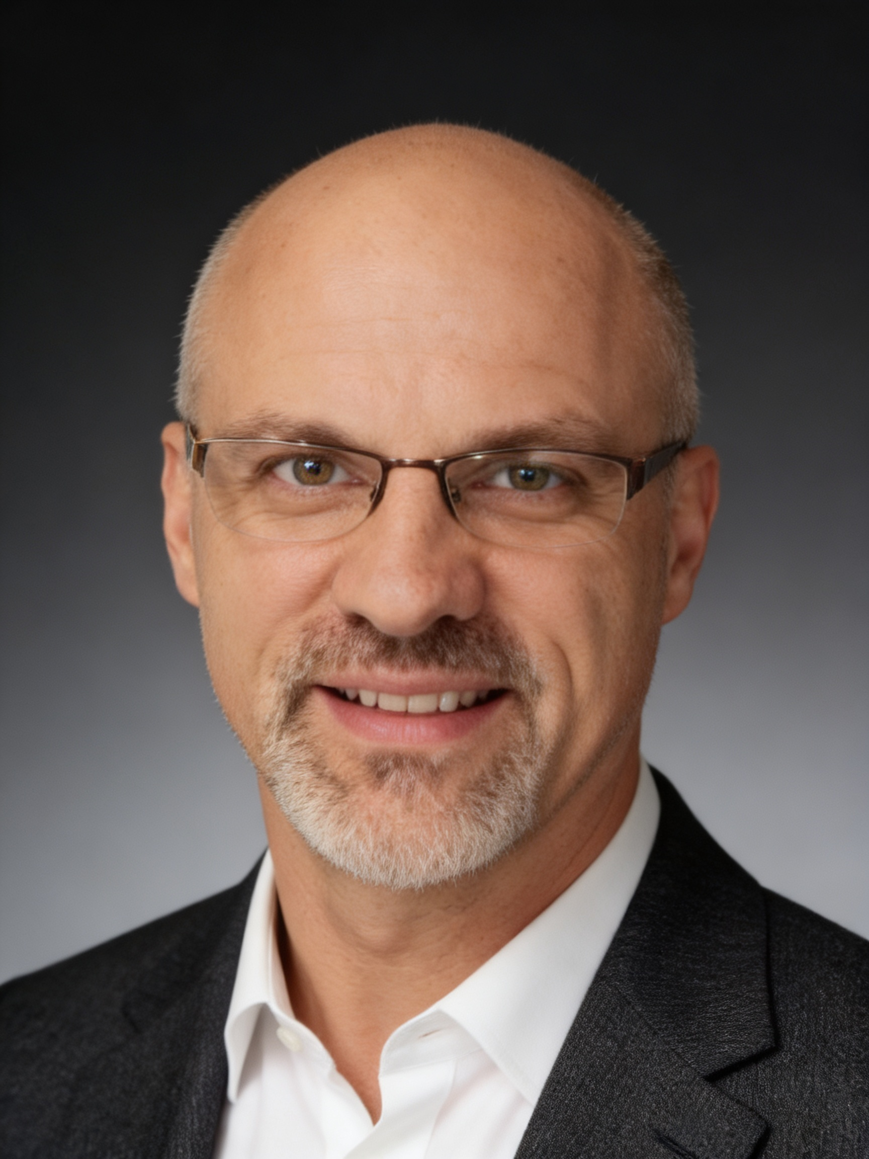 A close-up portrait of a middle-aged man smiling, wearing glasses, with a neatly trimmed beard, dressed in a white shirt and a dark suit jacket, against a dark gradient background.