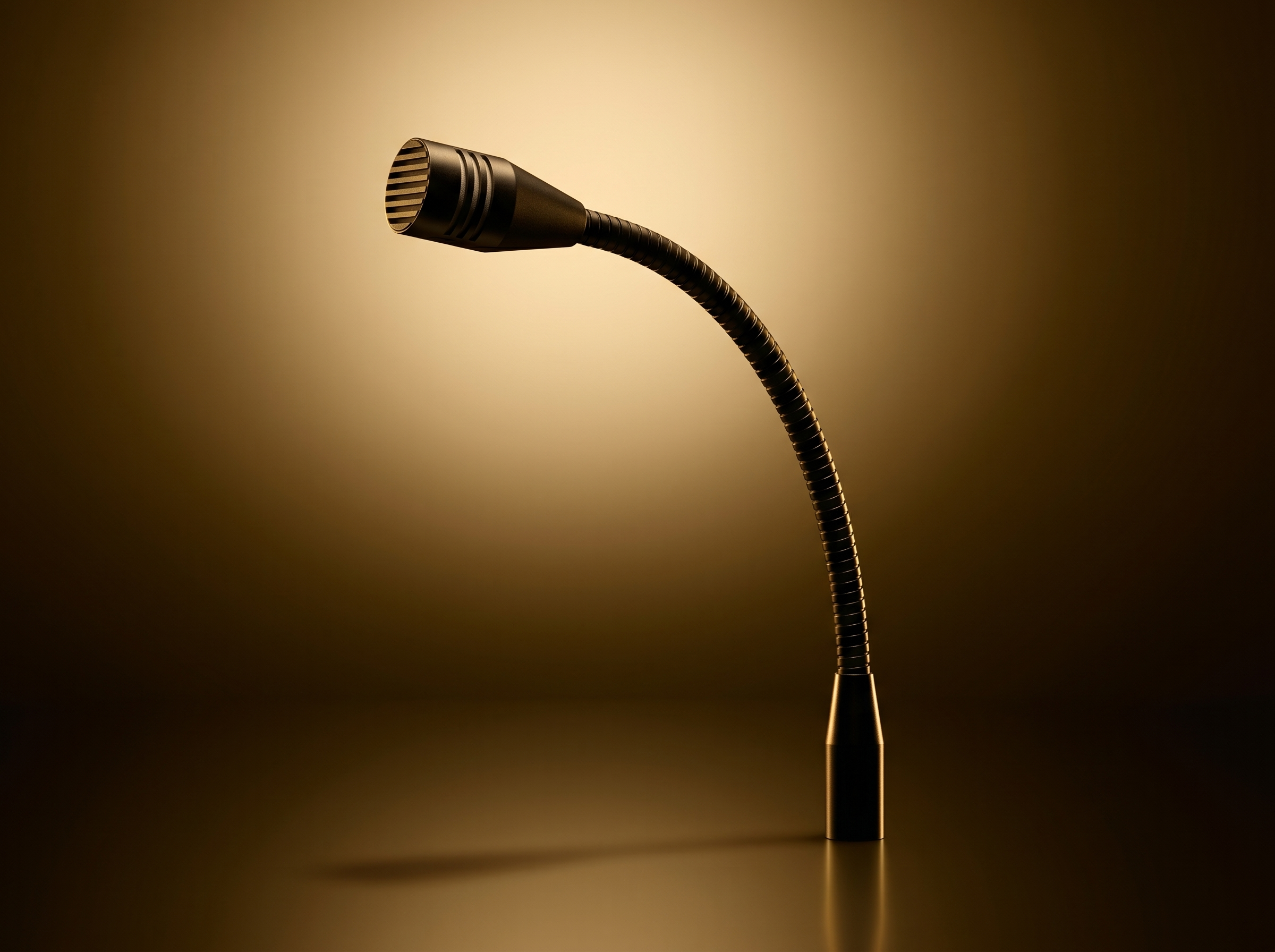 A black microphone with a flexible gooseneck stand, photographed against a gradient background that transitions from dark at the edges to light at the center.