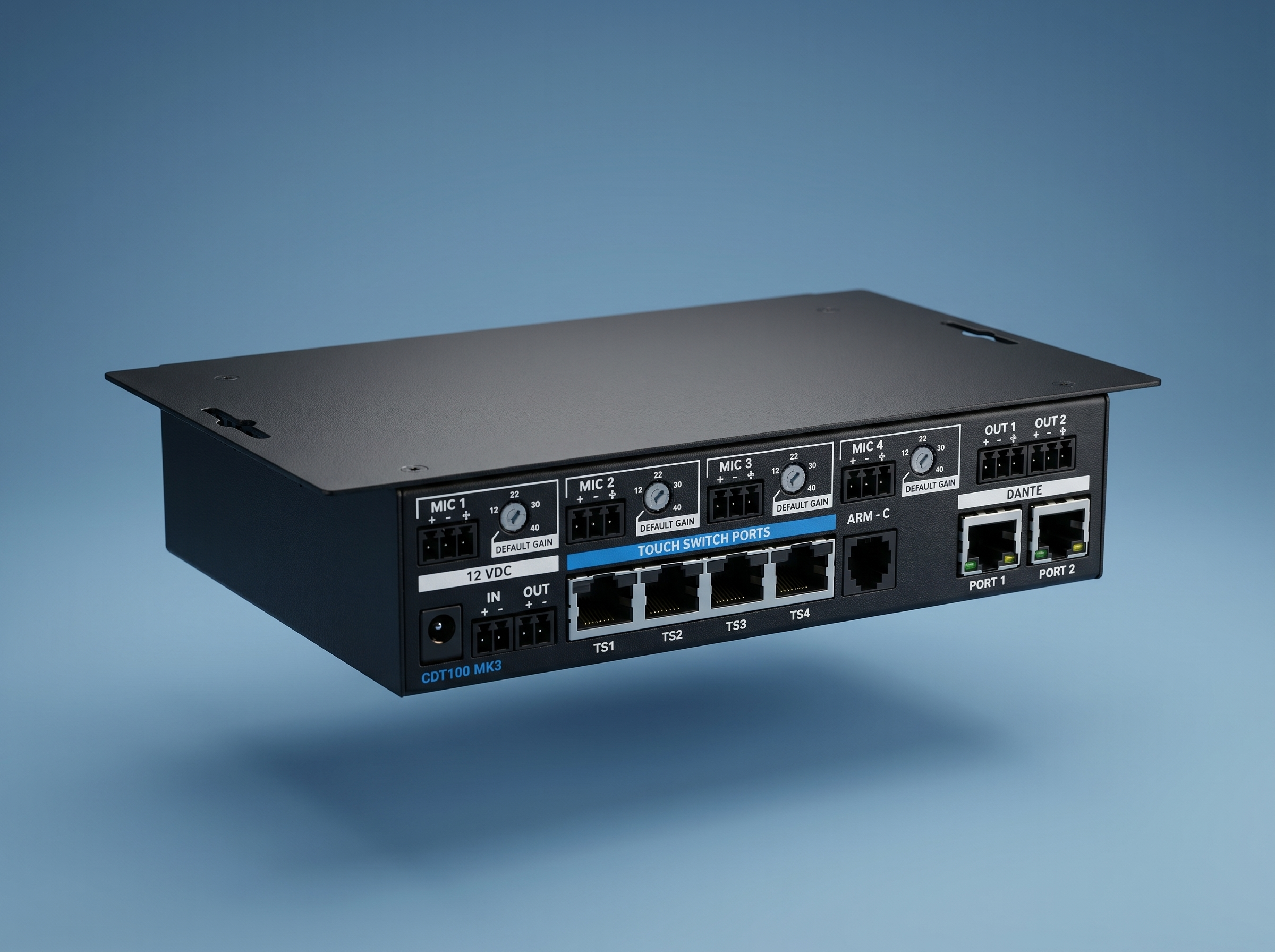 An audio mixing device with multiple input and output ports on a blue background.