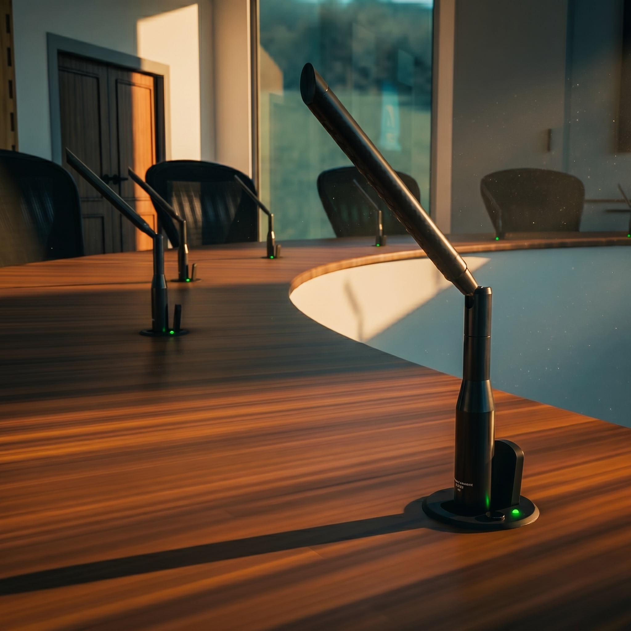 Wireless microphone on a conference table with chairs around it, in a room with large windows showing an outdoor view, near sunset.