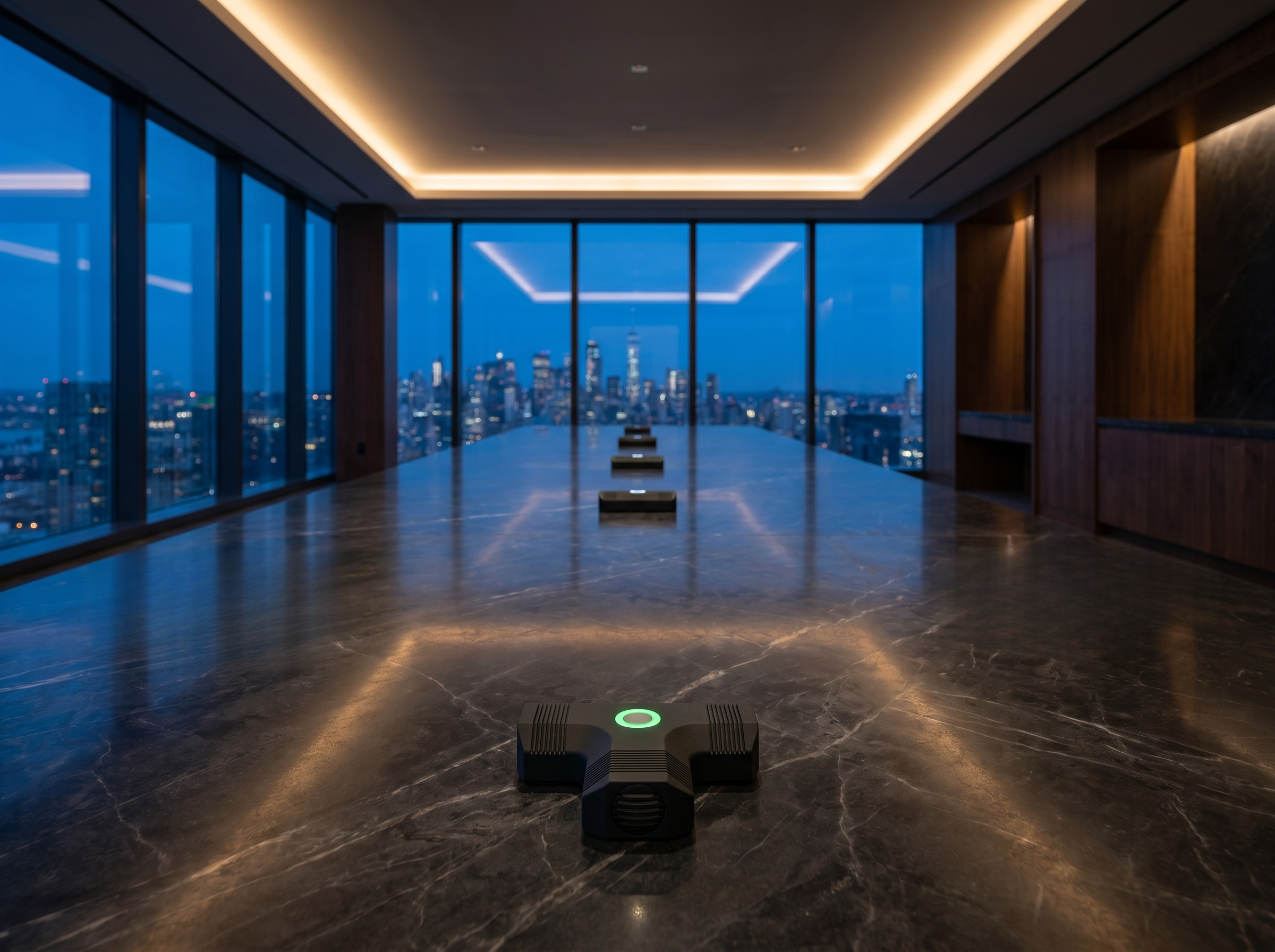 Interior of a modern high-rise building with large floor-to-ceiling windows showing a city skyline at dusk, featuring a dark ceiling with recessed lighting, wooden wall accents, a marble floor, and a rectangular device with a green light in the foreground.