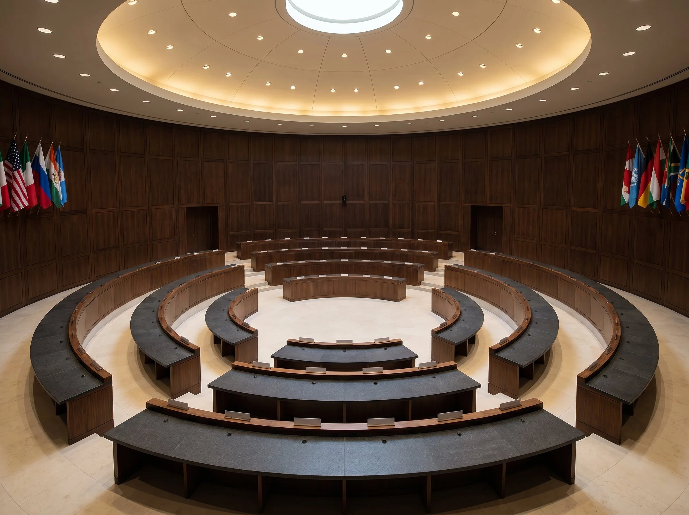 A circular lecture hall or conference room with tiered seating made of dark wood and black cushioned surfaces. The walls are paneled in wood, and numerous national flags are displayed along the curved wall on both sides. The ceiling features a large, circular light fixture.