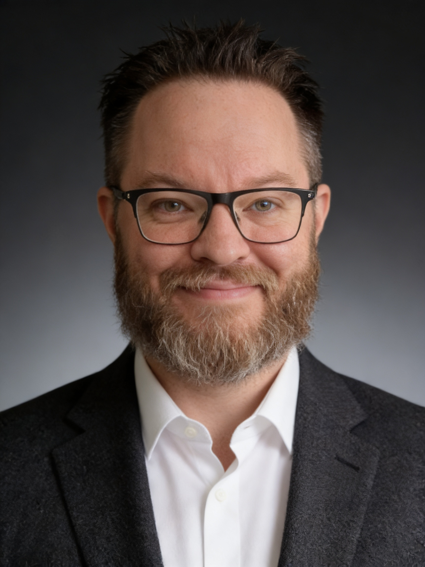A portrait of a man with glasses, dark hair, and a beard, wearing a white shirt and a dark blazer, smiling against a dark gradient background.