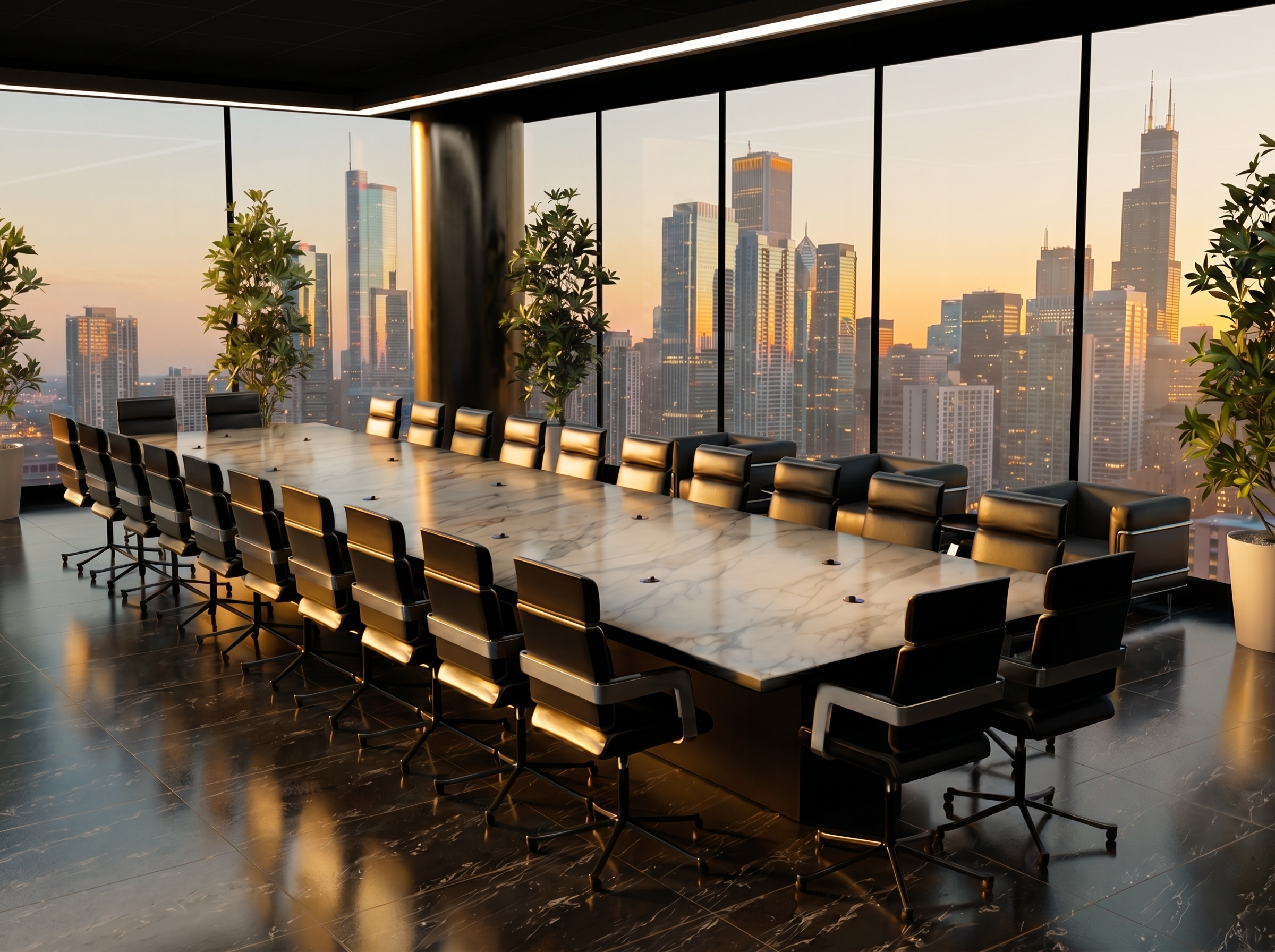 A modern conference room with a long white marble table surrounded by black office chairs. Large floor-to-ceiling windows show a city skyline during sunset, with tall skyscrapers and a clear sky.