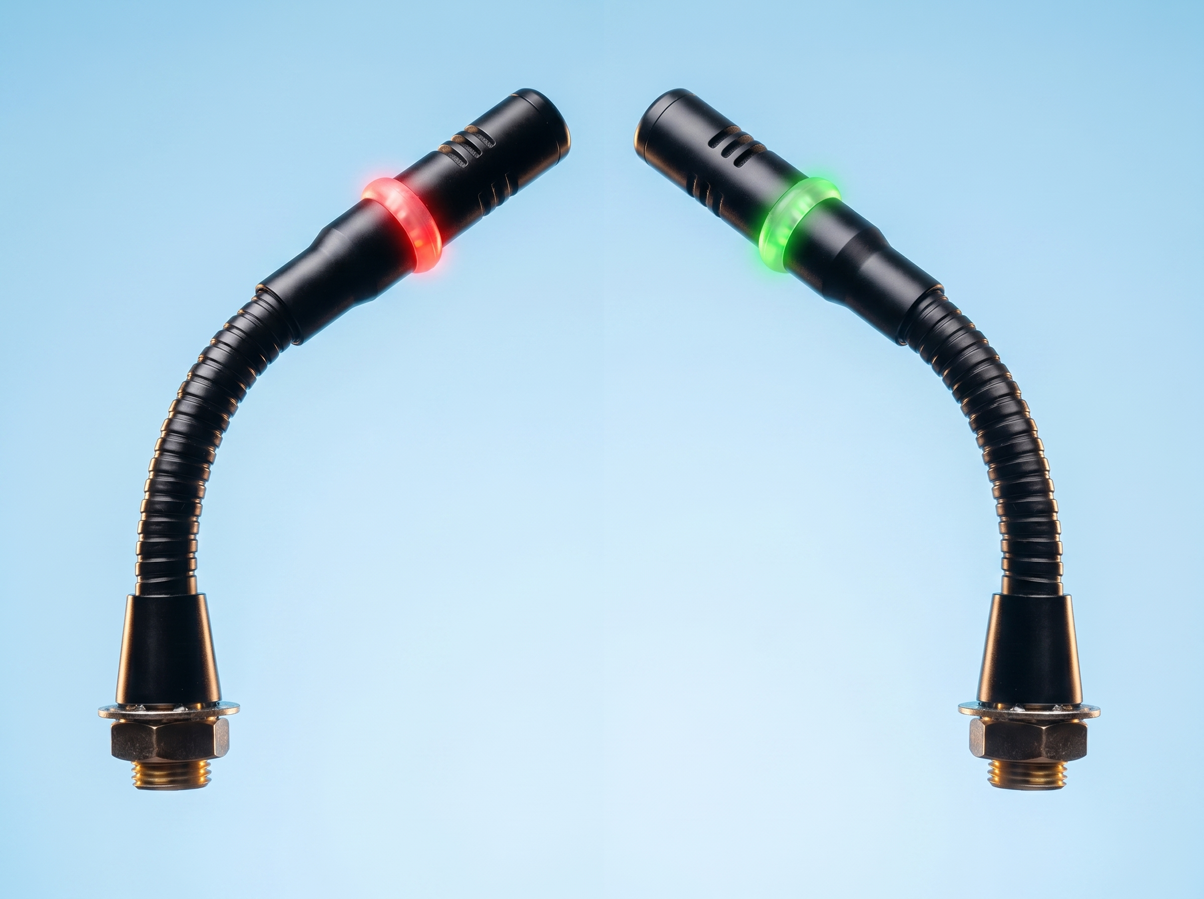Two black audio connectors with flexible black cables, one with a red LED light and the other with a green LED light, against a blue background.