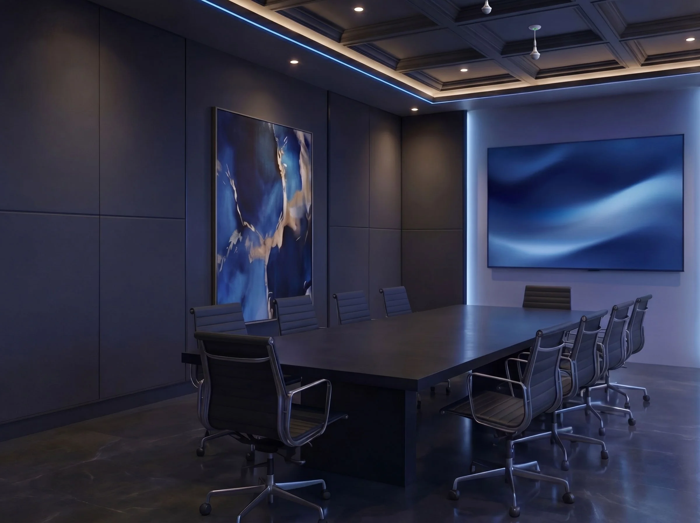 Modern conference room with dark walls, a long black table, and cushioned chairs. The room features artwork with blue abstract designs on the walls and hidden LED lighting on the ceiling.