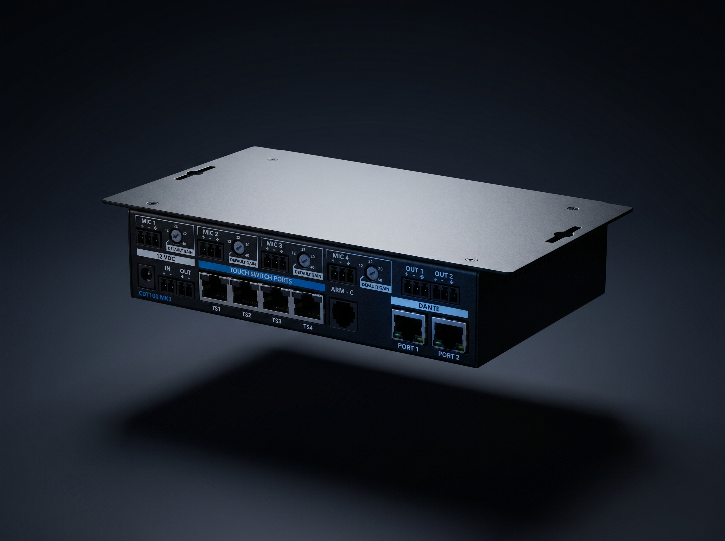 A professional audio device with multiple input and output ports, knobs, and switches, displayed against a dark background.