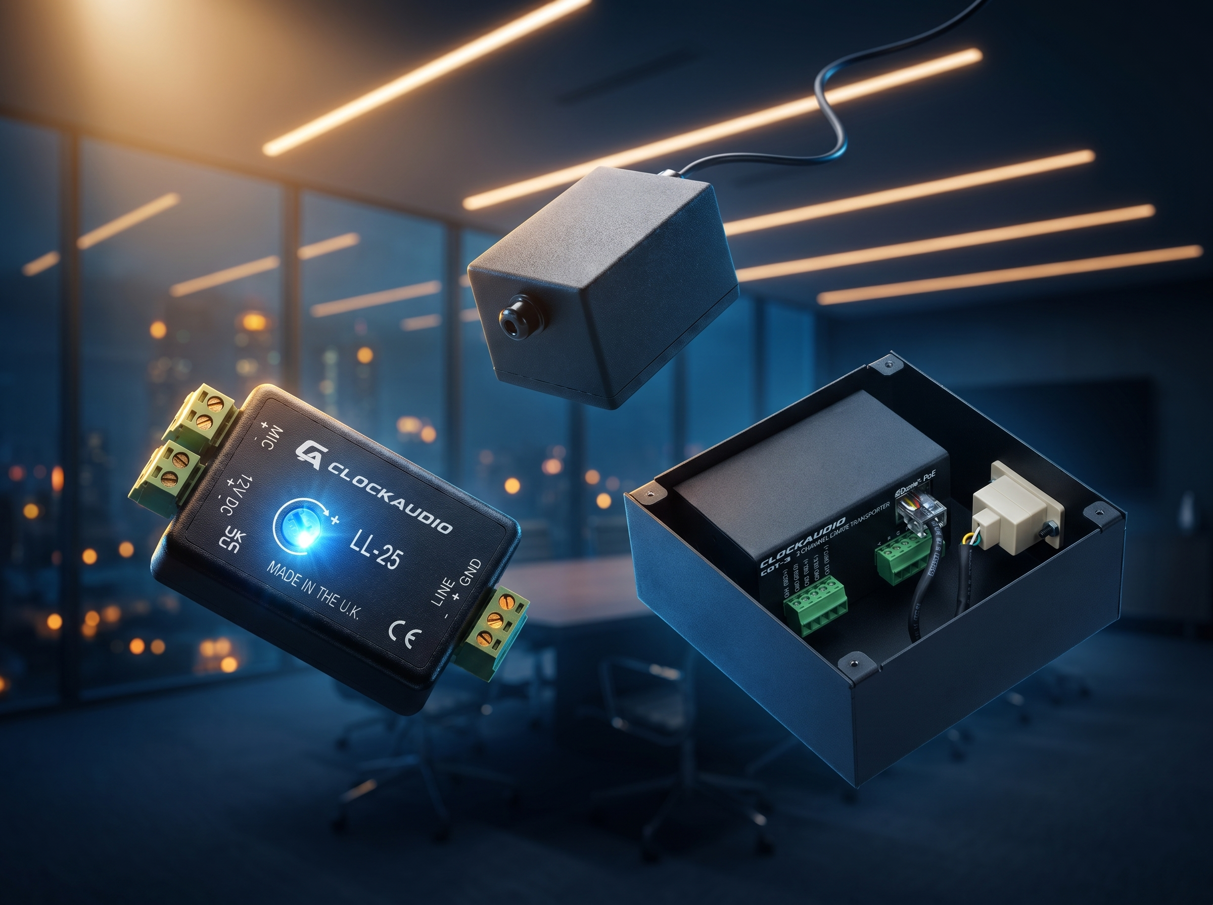Close-up of electronic components and circuitry inside a device, with a background of blurred office lights and windows.