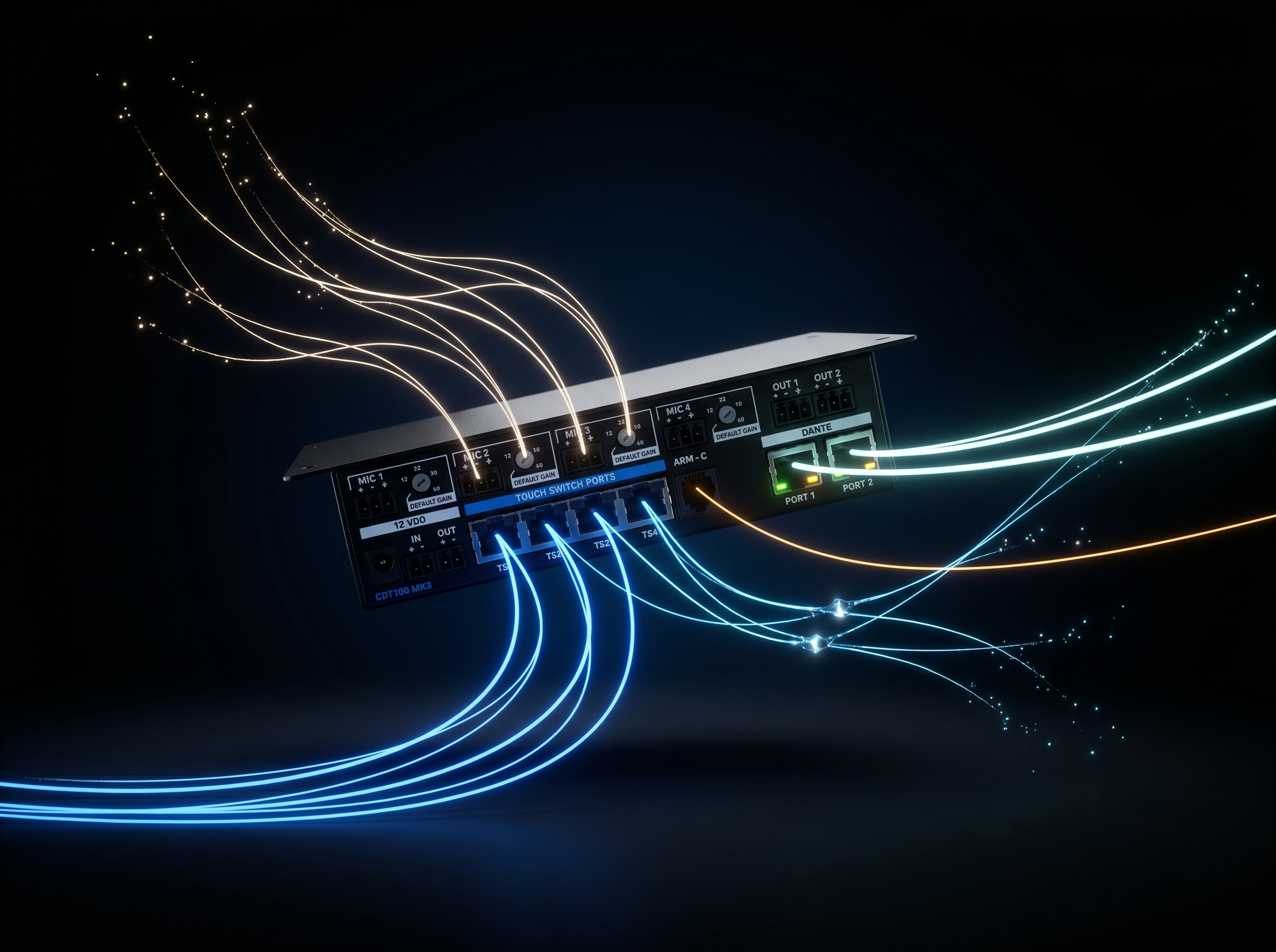 Close-up of a modular audio mixer with multiple colorful cables connected, emitting light trails.
