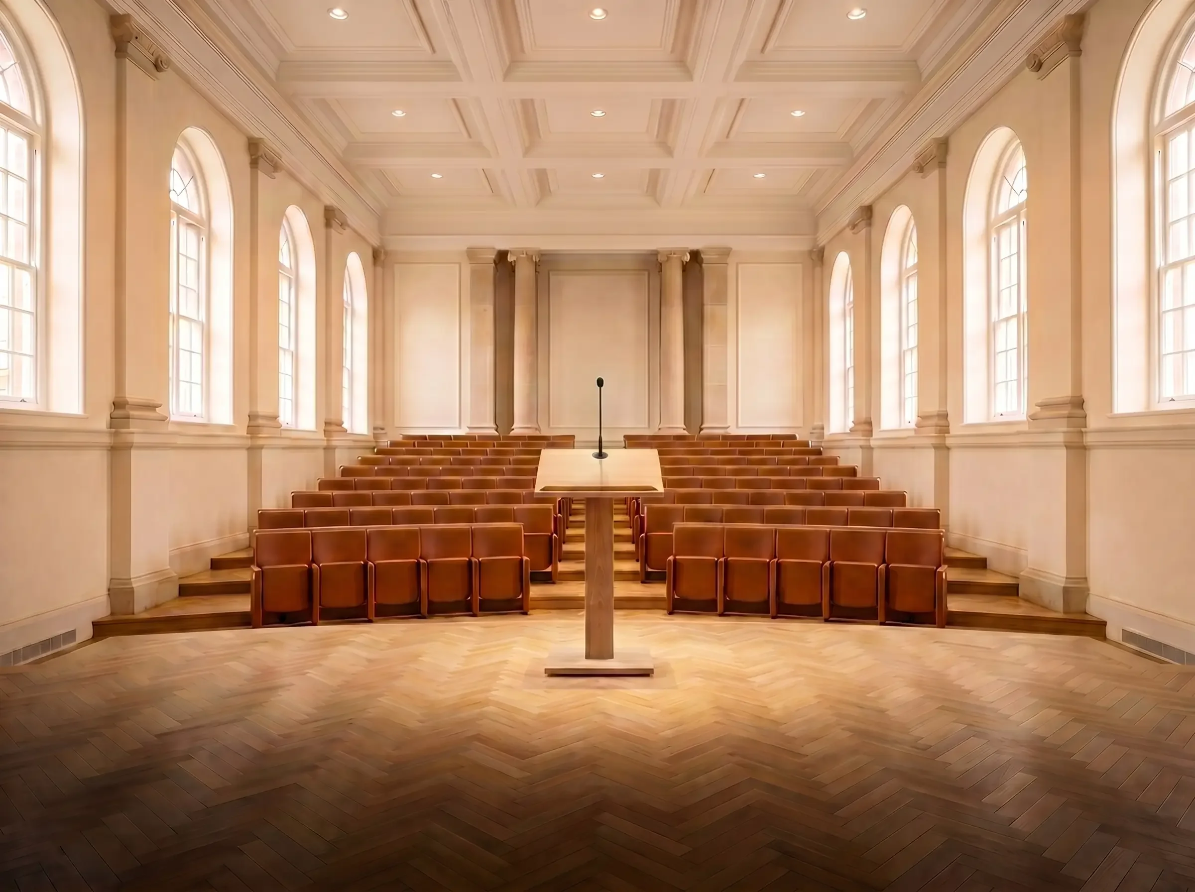 Empty courtroom with a raised platform, a microphone on a stand, rows of wooden seats, large arched windows, and a coffered ceiling.