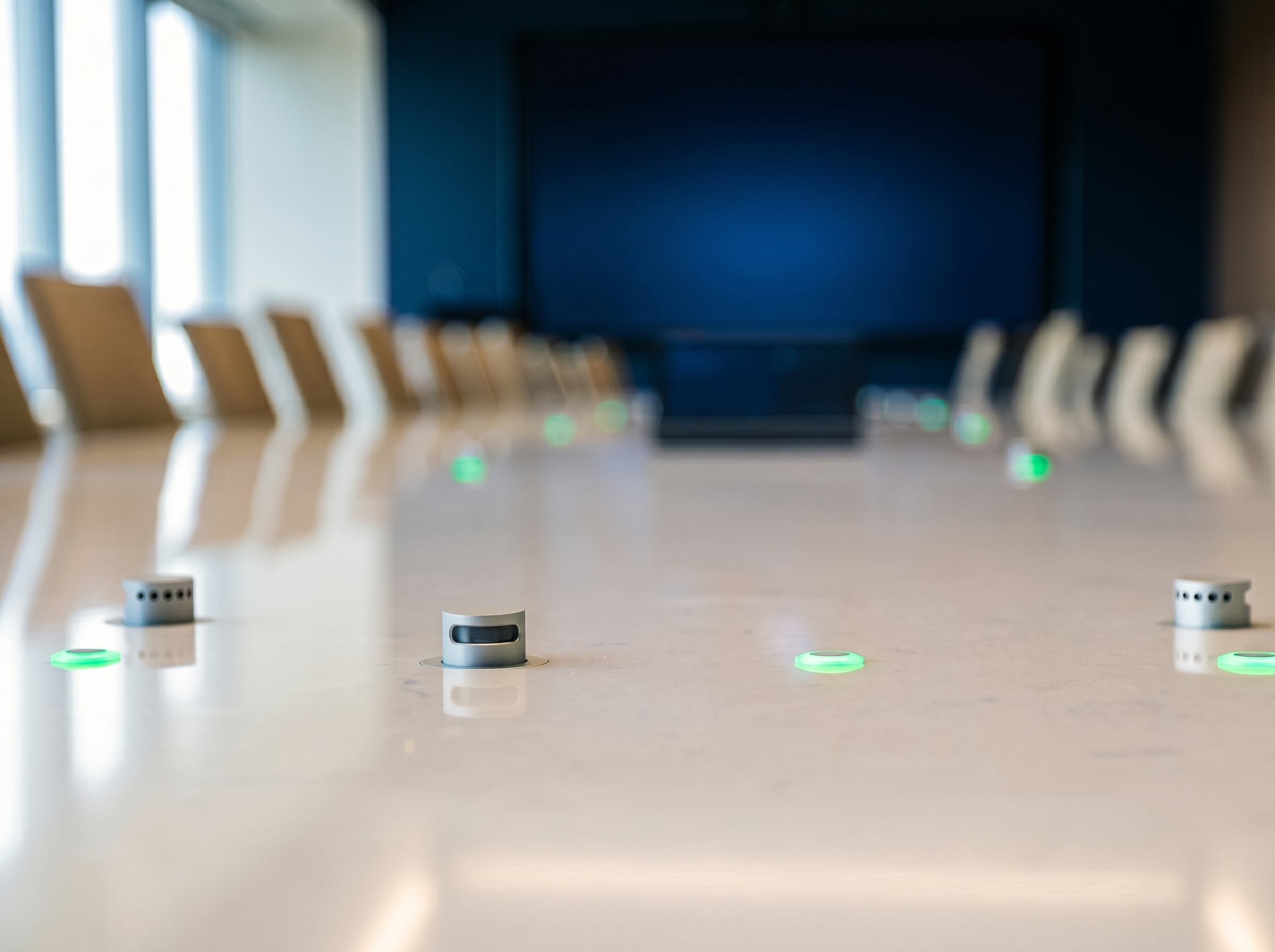 A blurred conference room with chairs, a large blue wall, and illuminated green indicator lights on the floor.