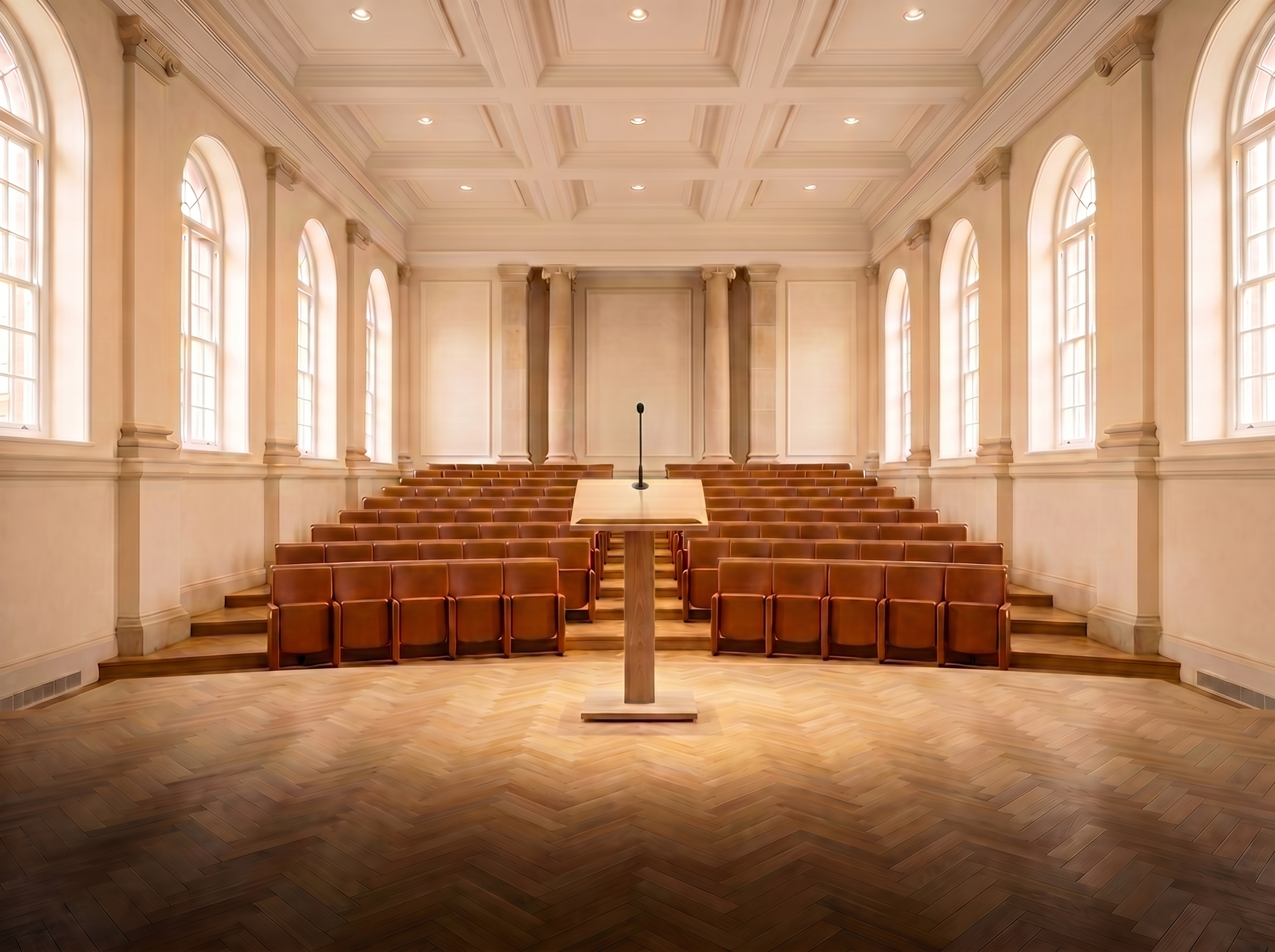 Empty courtroom with a raised platform, a microphone on a stand, rows of wooden seats, large arched windows, and a coffered ceiling.