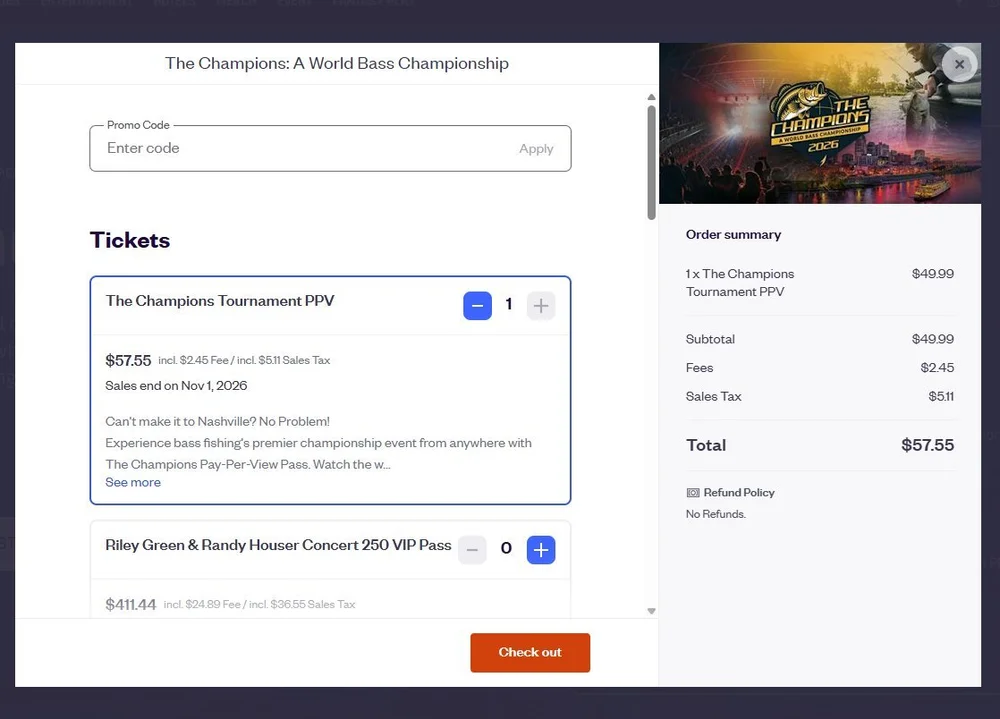 Sign-up / ticket selection checkout screen
