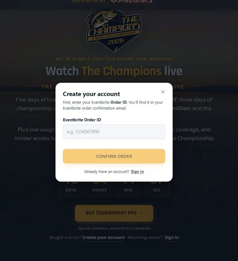 Create your account modal – enter Eventbrite Order ID