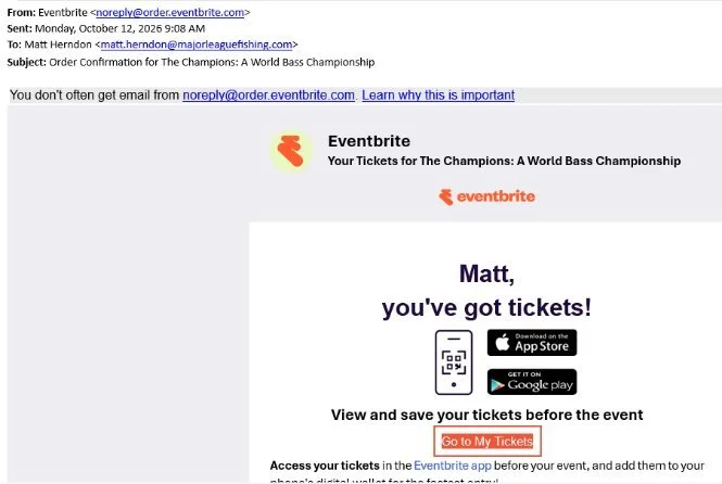 Eventbrite confirmation email – Go to My Tickets (do not click; scroll down)