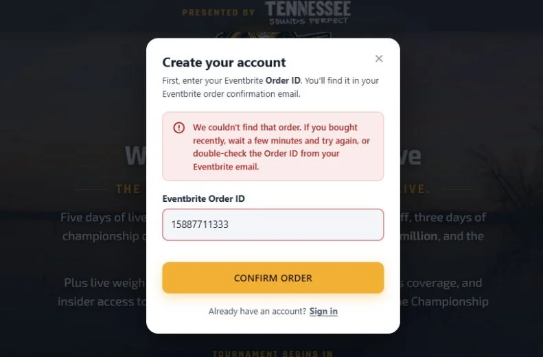Create account error – We couldn’t find that order