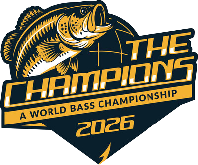 Logo for the 2026 World Bass Championship, featuring a detailed bass fish with bold text reading 'The Champions' and 'A World Bass Championship 2026'.