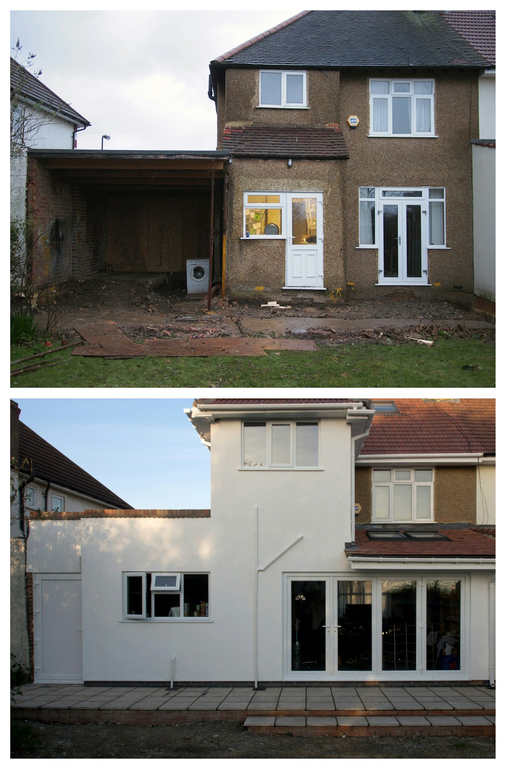 Before and after images of a house renovation: the top image shows an unfinished house with exposed brick and construction debris; the bottom image shows the same house fully renovated with white walls, new windows, and a tiled patio.
