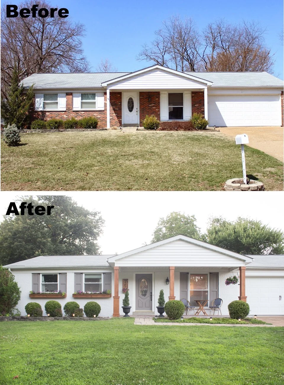 Comparison of a house before and after renovation. In the "Before" image, the house has a brick exterior, a white garage door, and a small front yard with sparse bushes. In the "After" image, the house has a refreshed white exterior with decorative p