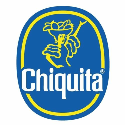 Chiquita logo with blue background and yellow border, featuring a stylized female figure with fruit on her head and the word "Chiquita" in white text.