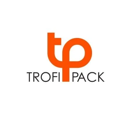 Logo of Trofi Pack featuring stylized orange letters "tp" above the text "TROFI PACK" in black.