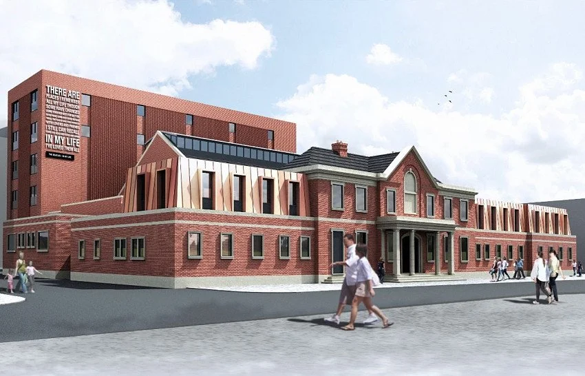 Rendering of a mixed-use building with traditional and modern architecture, situated on a city street with pedestrians.