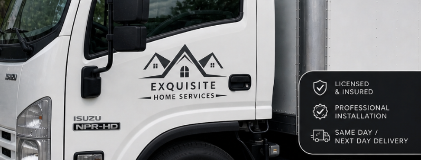 A white delivery truck with a logo for Exquisite Home Services on the door, featuring stylized house rooftops. The side panel lists services including licensed and insured, professional installation, and same day or next day delivery.