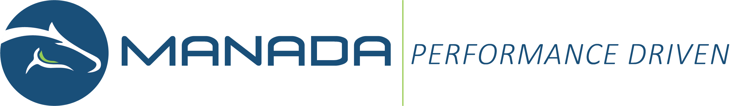Manada logo with stylized whale and dolphin in blue circle, and the texts "MANADA PERFORMANCE DRIVEN" in blue and gray.