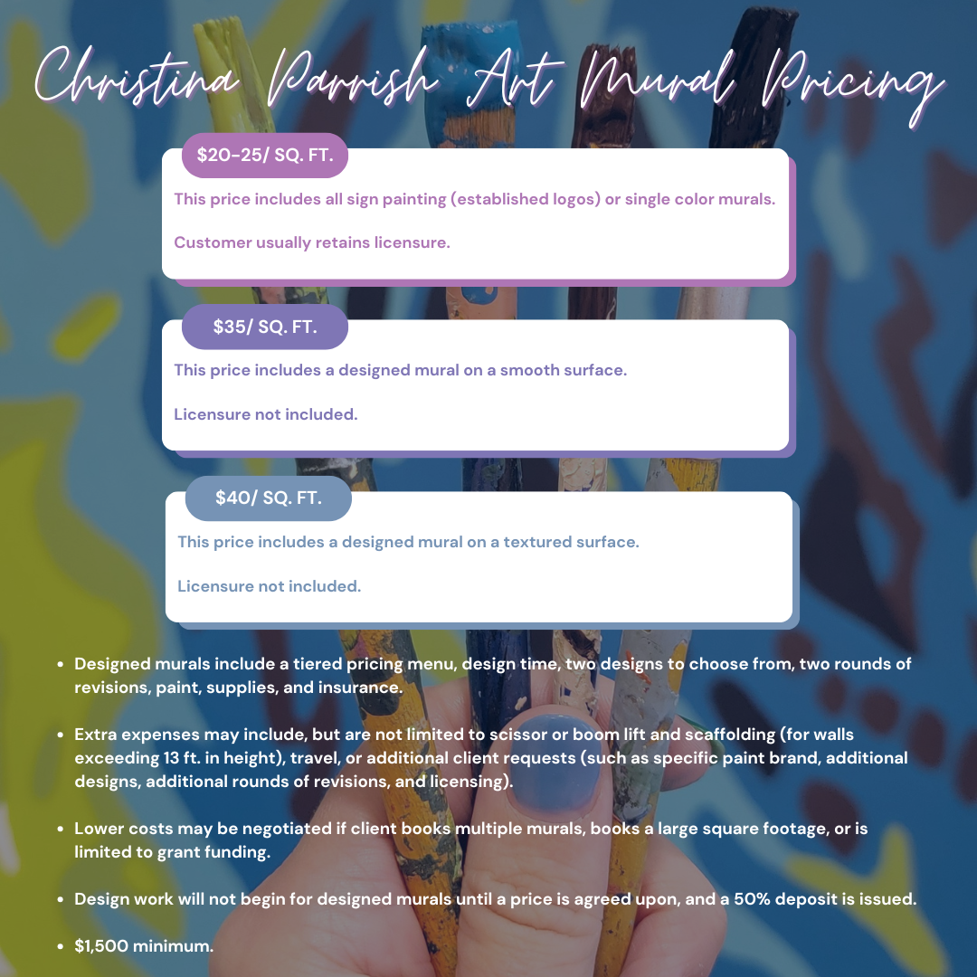 A detailed pricing chart for Christina Parrish art murals, overlaying a background of colorful paintbrushes. The chart includes three price tiers per square foot: $20-25 for sign paintings, $35 for designed mural on smooth surface, and $40 for textured surface, with additional notes on licensing, services, and pricing policies.