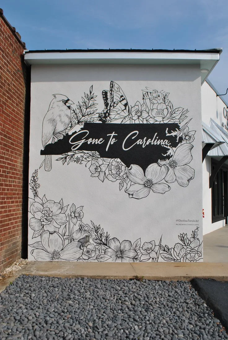 Wall mural with flowers, birds, butterfly, bee, and the text 'Gone to Carolina' in script on a black banner.