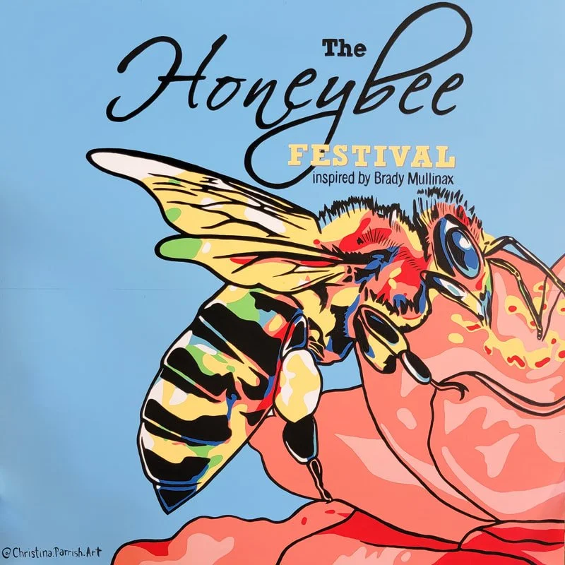 Colorful illustration of a bee on a pink flower with the text "The Honeybee Festival inspired by Brady Mullinax" on a blue background.