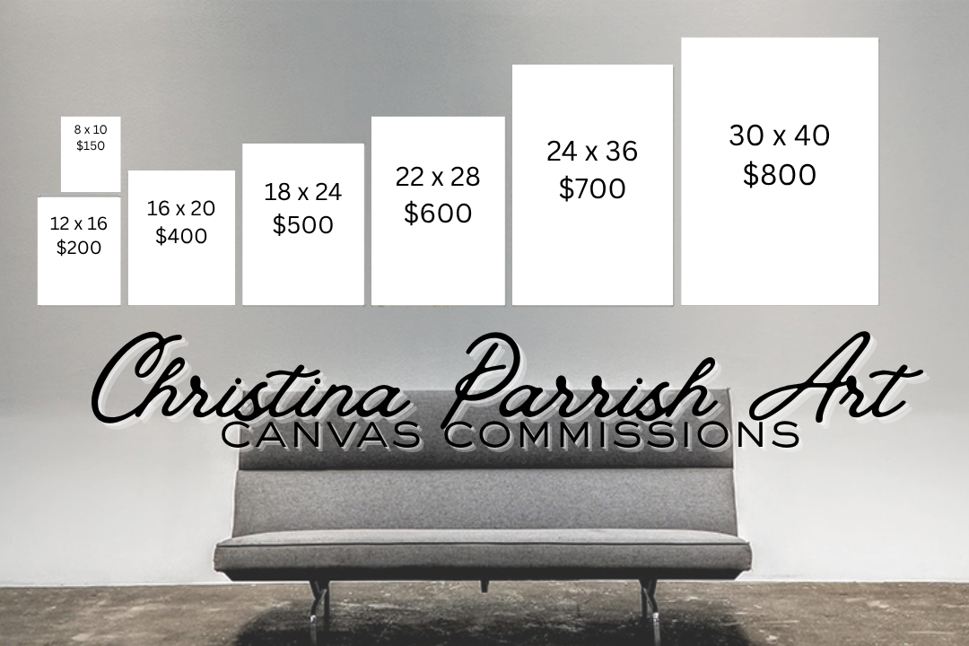 Price list with various canvas sizes and prices, displayed above a gray sofa in an art studio, with the text "Christina Parrish Art Canvas Commissions" overlayed