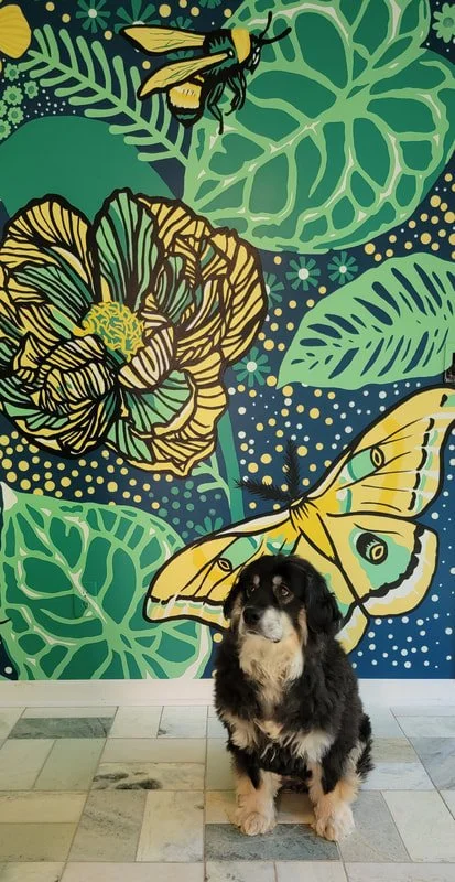 A small black, white, and tan puppy sitting on a tiled floor in front of a colorful, artistic mural with large green leaves, a yellow and green butterfly, a bee, and a large yellow flower.