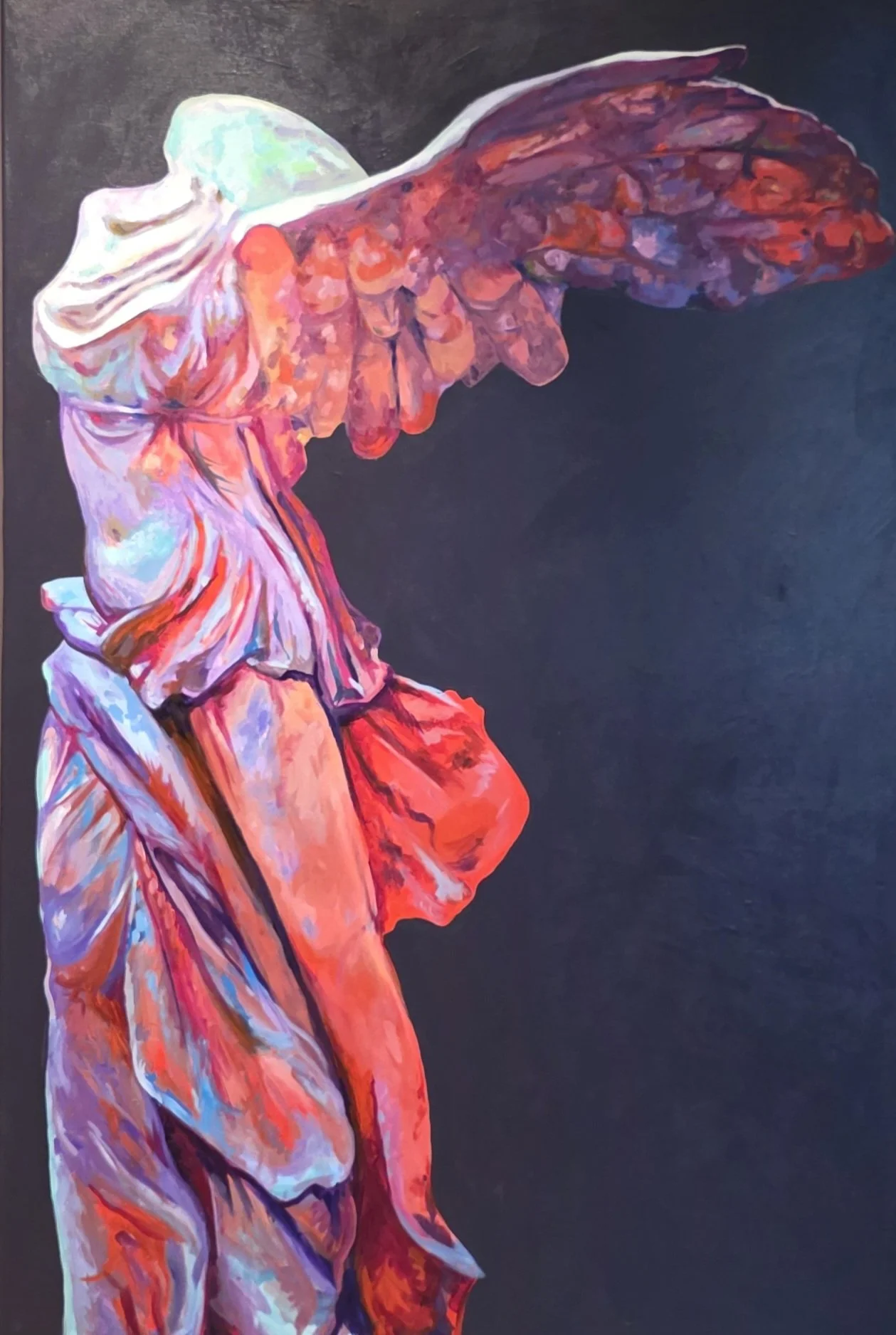 A colorful, stylized painting of the Statue of Liberty, focusing on her face, crown, and upper body, against a dark background.