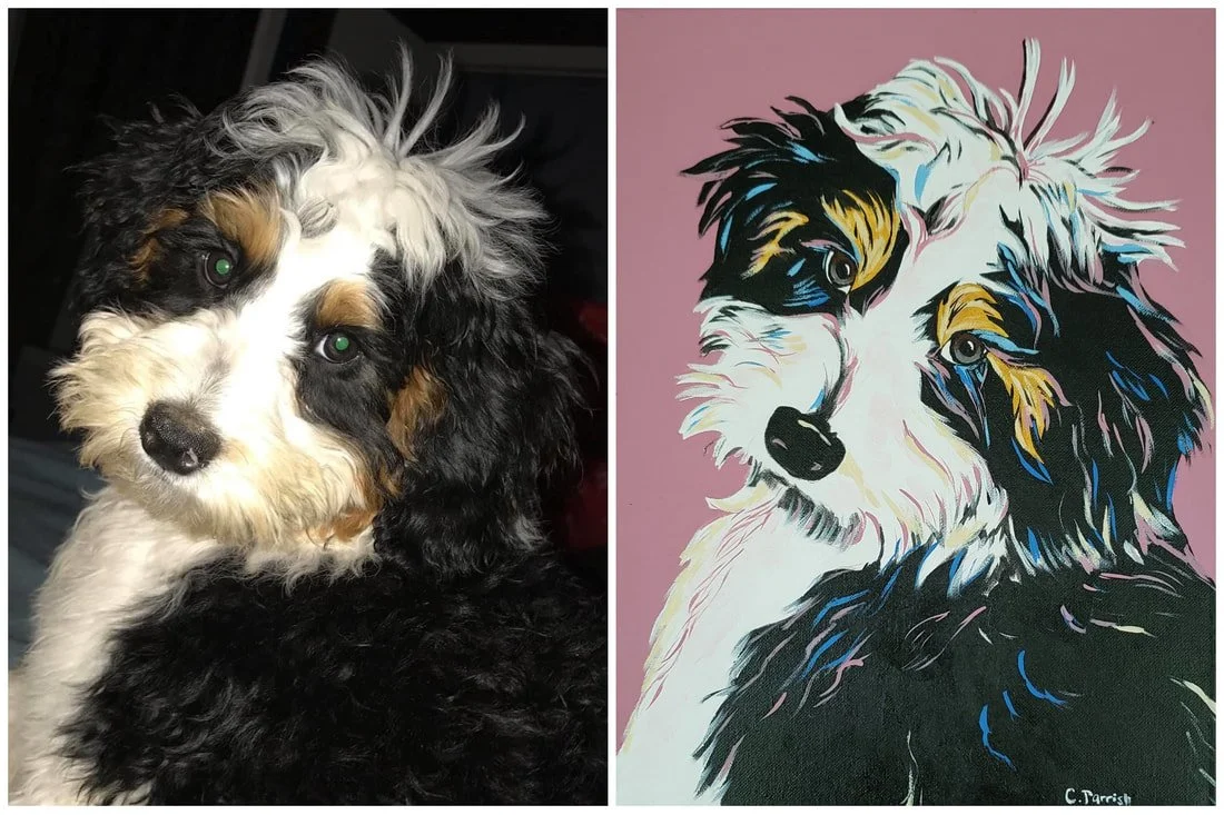 A split image showing a cute dog on the left and a colorful artist's painting of the same dog on the right.