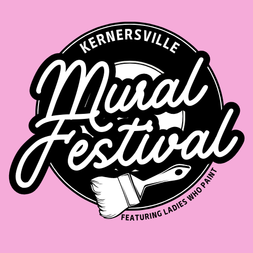 Logo for Kernersville Mural Festival on a pink background, featuring a paintbrush and text indicating it is a mural festival with ladies who paint.