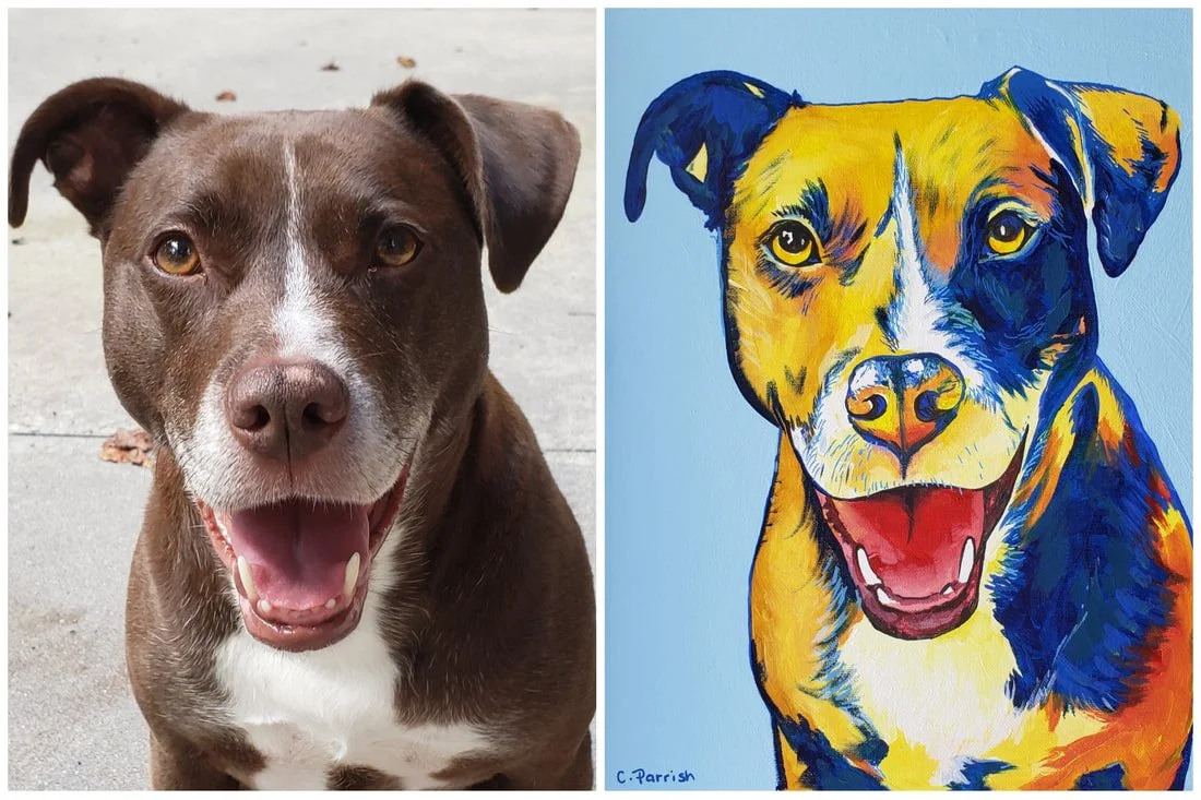 Side-by-side comparison of a real brown and white dog and a colorful painted portrait of a dog with similar markings.