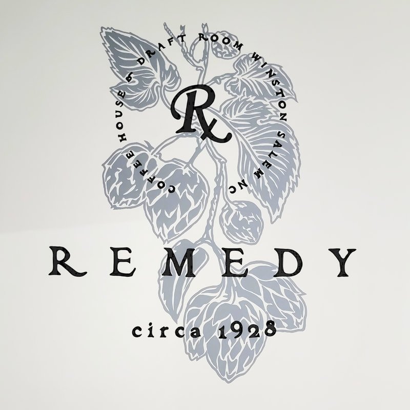 Logo with a hops plant, the text 'R'C REMEDY circa 1928', and a circular arrangement of words 'THE HOUSE OF DRAFT ROOM INSTRUCTION SALLENG'.