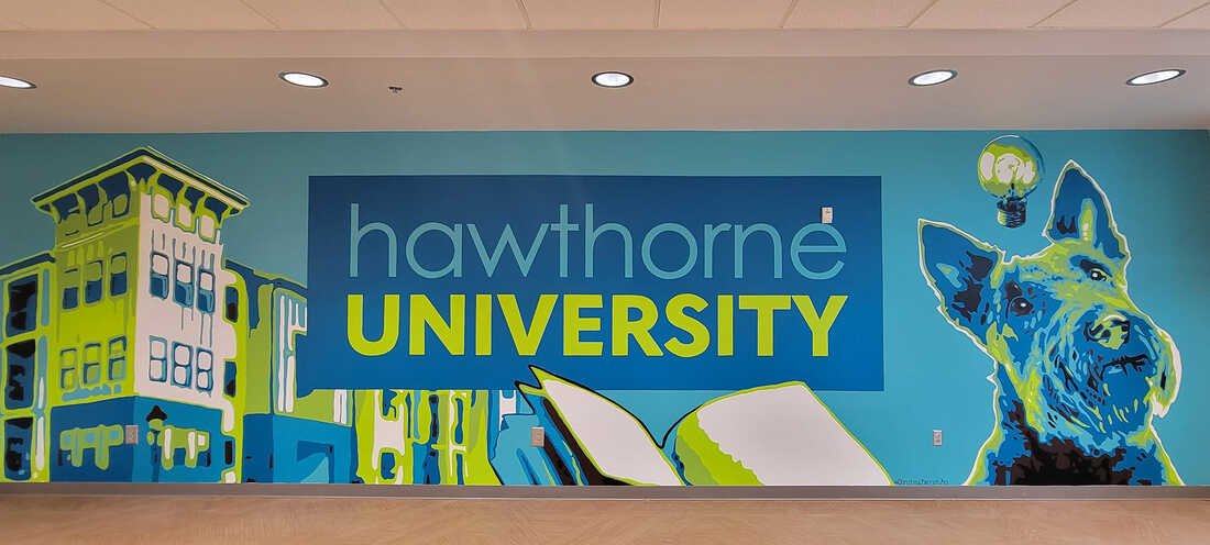Colorful mural of Hawthorne University logo with a city building, an open book, and a dog's face with a light bulb above