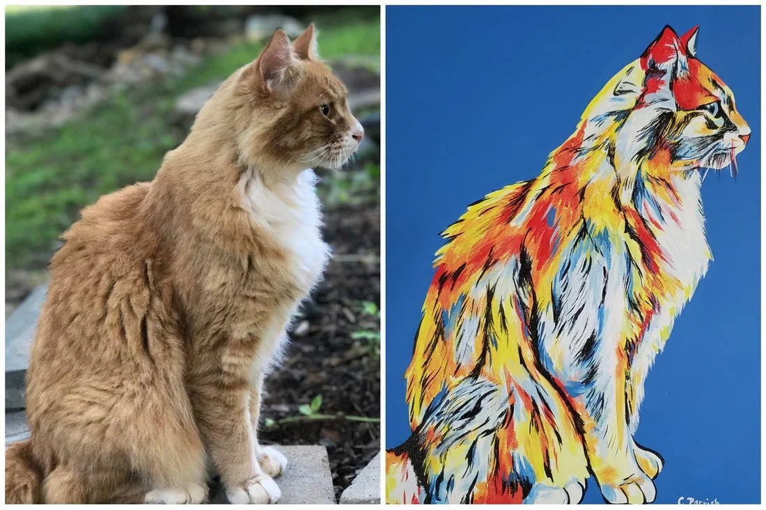 Side-by-side comparison of a real orange tabby cat sitting outdoors and a colorful painting of a similar cat with vibrant brush strokes.