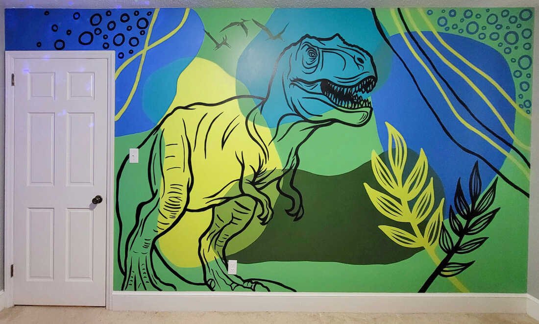 Colorful mural of a Tyrannosaurus rex connected to green and yellow leafy plants in a jungle scene.