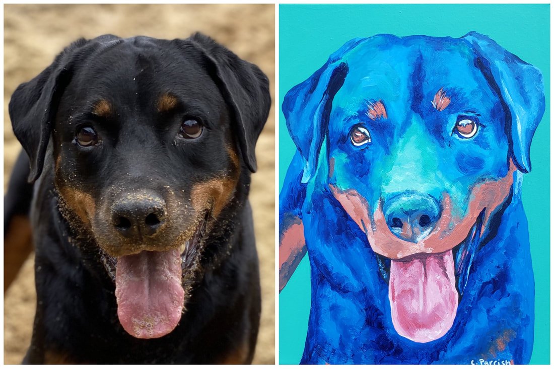 A photograph of a Rottweiler dog with a black and tan coat and sand on its snout, on the left. An abstract painting of a Rottweiler with a blue and brown coat and its tongue out, on the right.