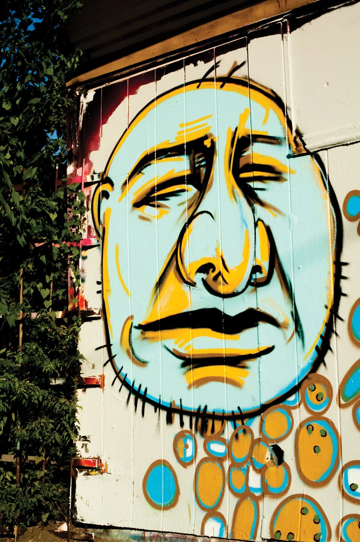 Colorful graffiti art depicting a face with a large nose and eyes closed, painted on a wall with surrounding blue and orange abstract shapes.