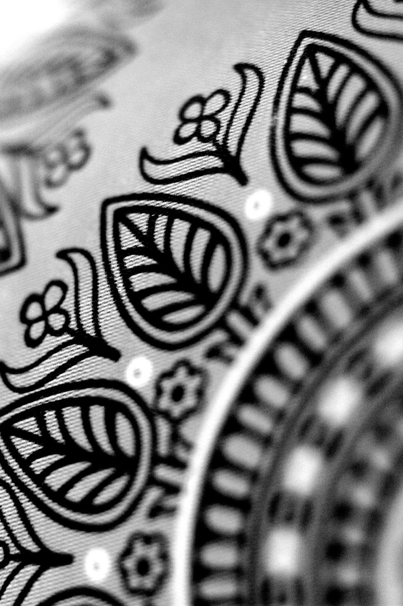 Close-up of black and white paisley pattern on fabric
