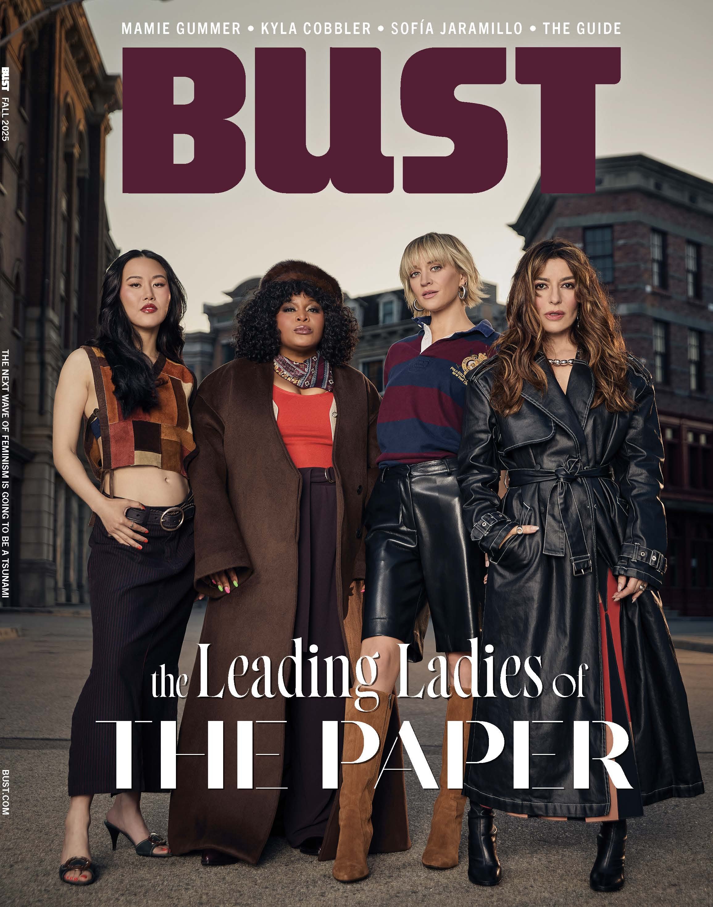 Cover of BUST magazine featuring four women standing on a city street, titled "The Leading Ladies of The Paper".